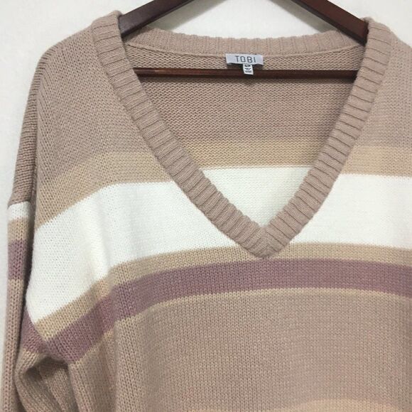 Tobi Beige/Tan Striped Knit V-Neck Sweater Dress With Pockets Sz S - Picture 11 of 16